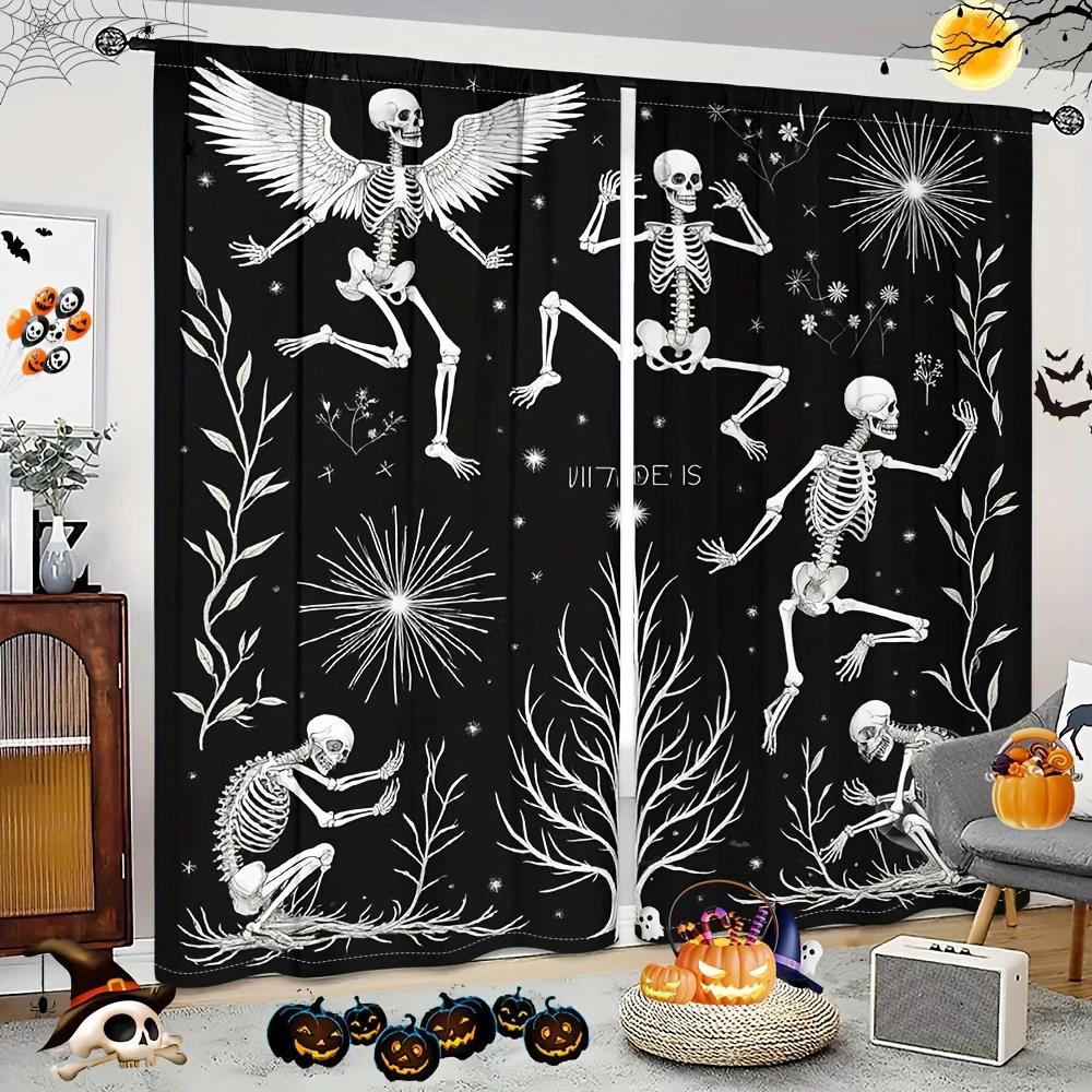 2pcs - Halloween Gothic style skull astronaut print curtains, pole bag home decoration, room decoration