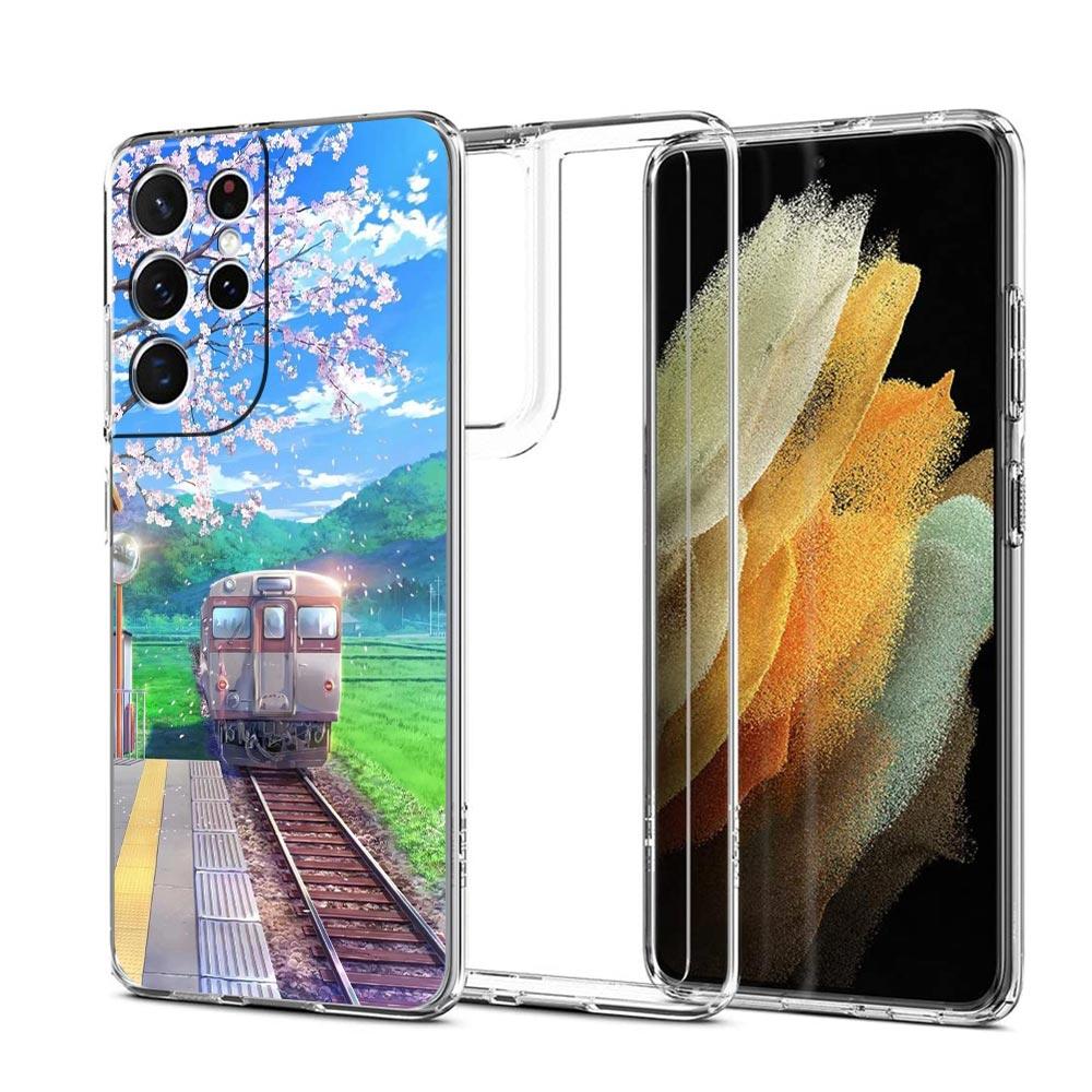 Cherry Japanese Traint Moun Fuji Clear Phone Case For Samsung Galaxy S23 S22 5G S20 Ultra S21 FE 5G S10E S9 S8 S10 Plus Cover