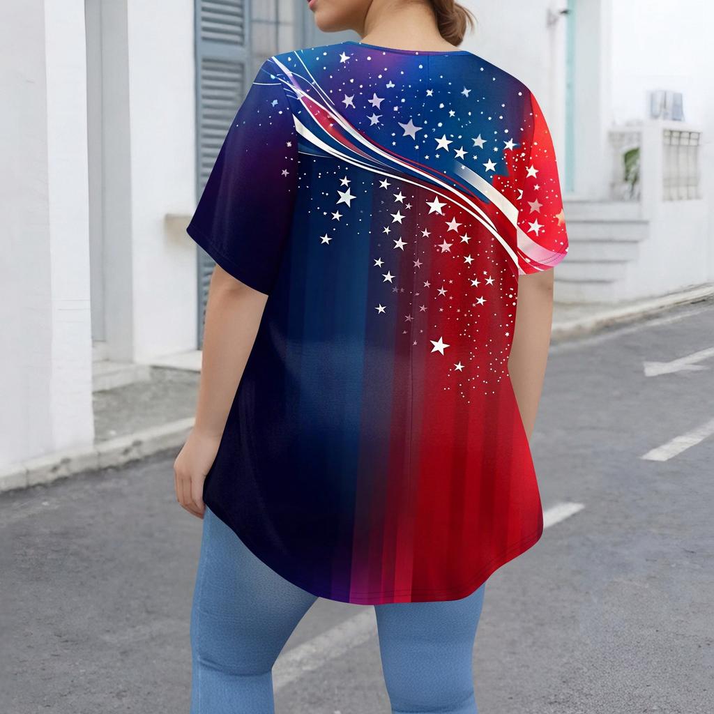 Damenmode Große Größe Rundhals Kurzarm Casual Print Lose Pullover Top