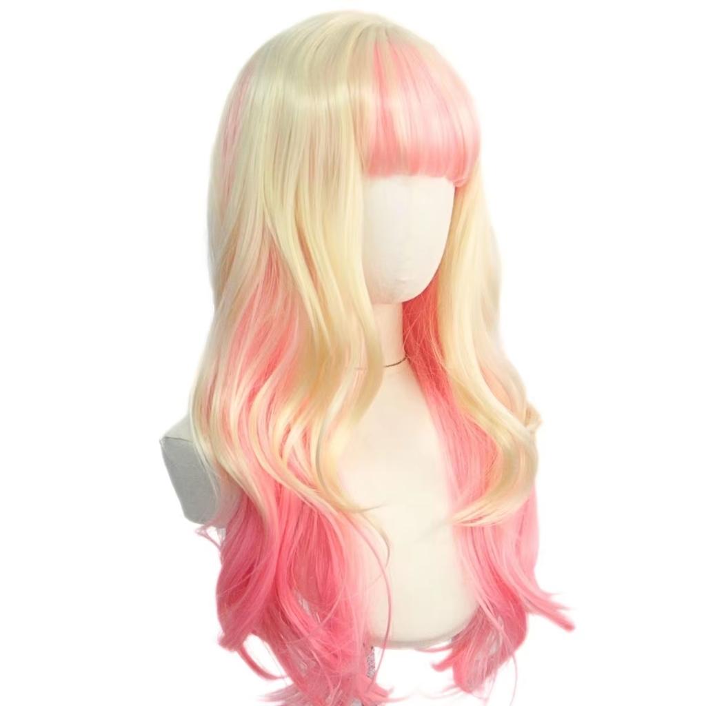 Fashion Pink Light Gold Long Wave Curly Hair Girl Lolita Fiber Synthetic Wig Anime Party cosplay