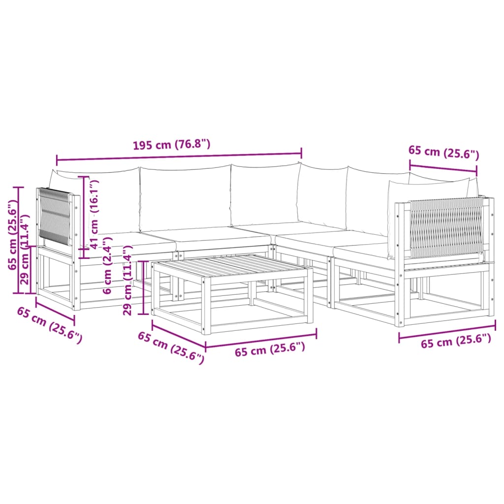 6 Piece Garden Sofa Set with Cushions Acacia Wood & Rope