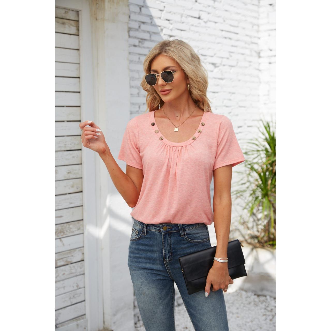 

GMXIA Женская футболка свободного кроя с квадратным воротником на пуговицах, весна-лето, однотонная S розовый