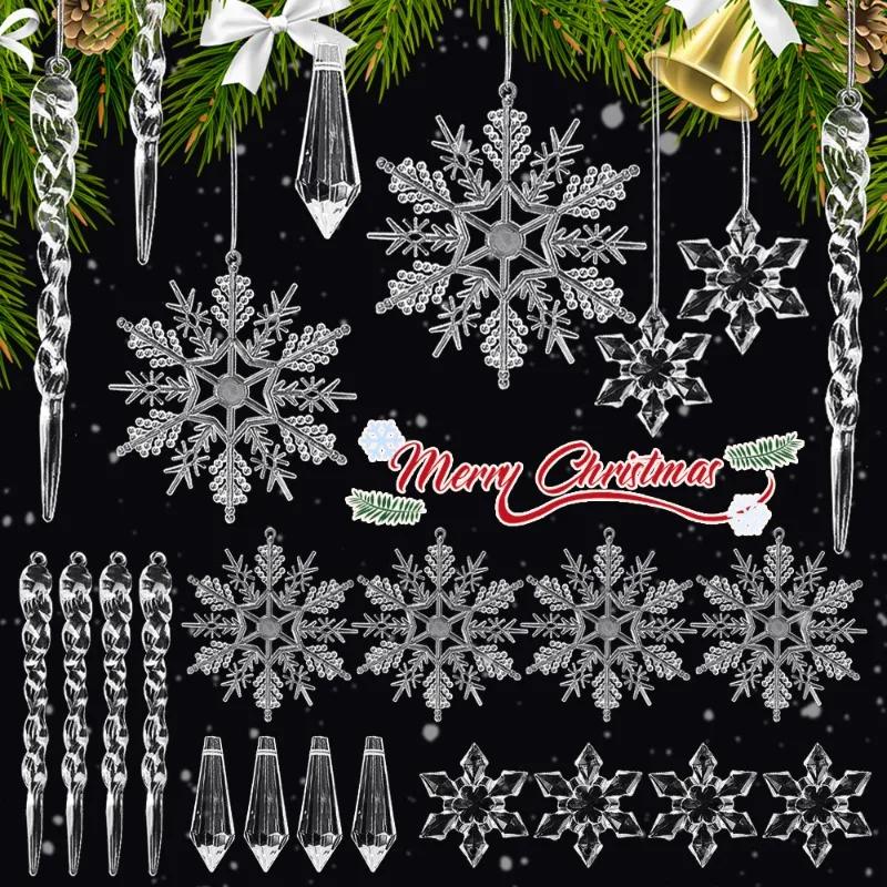 Acrylic Christmas Pendants Crystal Clear Snowflake Icicle Xmas Tree Hanging Pendant Ornaments New Year Home Party Decoration