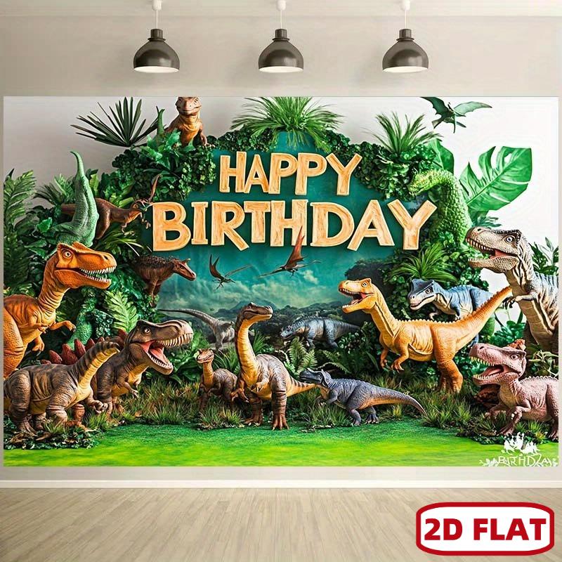"Happy Birthday"—Realistic dinosaur characters, lush green plants and bright colors, suitable for indoor and outdoor party