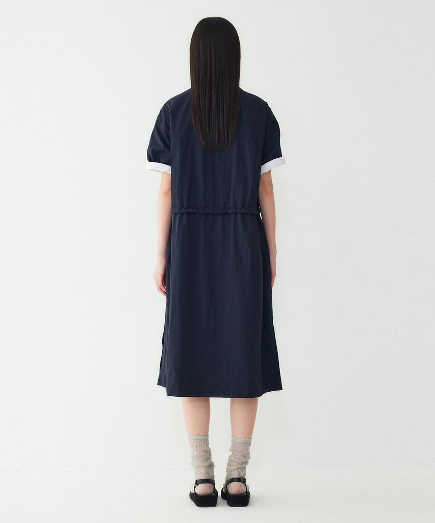 STUDIO TOMBOY Waist Drawstring Zip-Up Collared Short Sleeve Dress_Navy 91F6241785