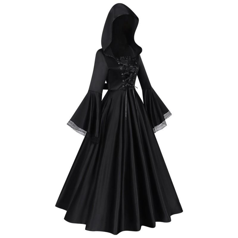 Gotisches Mittelalterliches Langkleid mit Kapuze Kostüm Halloween Hexe Cosplay Bühnenperformance