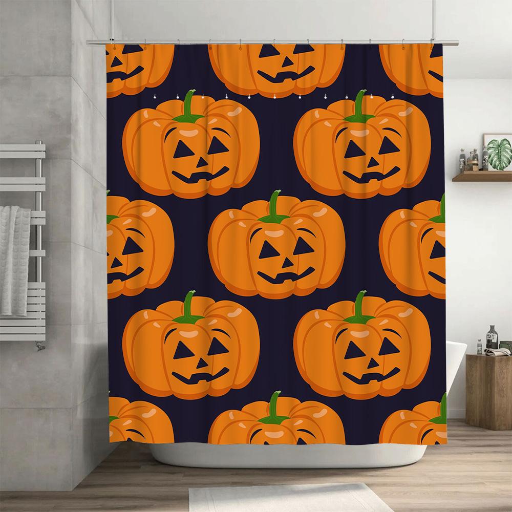 Halloweenpumpa Duschdraperi Set Vattentätt Tygtryck för Badrumsdekoration Orange Jack-o'-lanterns mot Mörkblå Bakgrund S