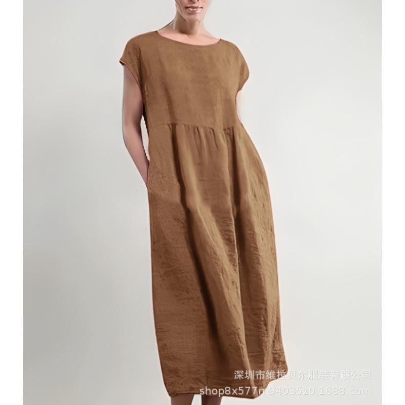 Summer Round Neck Solid Color Short-sleeved Dress Loose Cotton and Linen Pocket Women's Dress