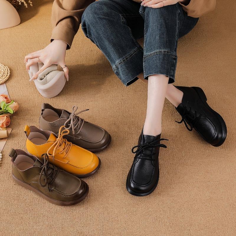 Fashion Autumn Early Winter Genuine Leather Shoes Women Ankle Boots Soft Retro Brand Ladies Fashion Boots Cow Leather Mother Shoes D606