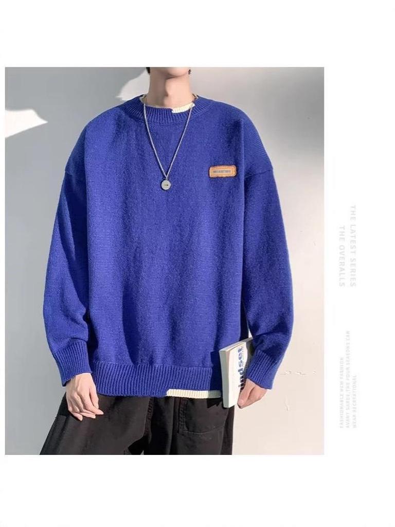 Hong Kong Style Men's Winter Fake Two-Piece Round Neck Sweater - Thick, Loose, Warm Knitwear