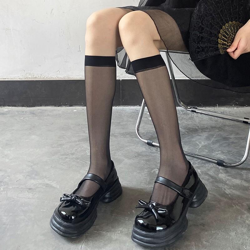 Meias Finas Pretas Femininas de Cano Médio - Anti-Puxões, Antiderrapantes, Estilo Moderno Acima do Joelho para Primavera e Outono.