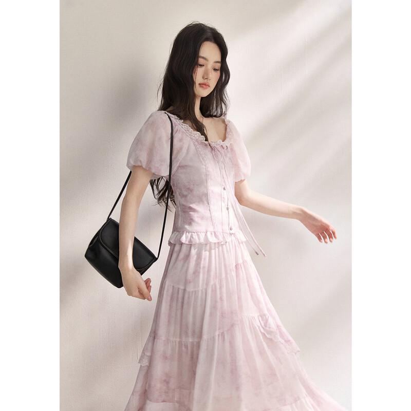 Mixiu Ombre Chiffon Square Neck Puff Sleeve Skirt Set