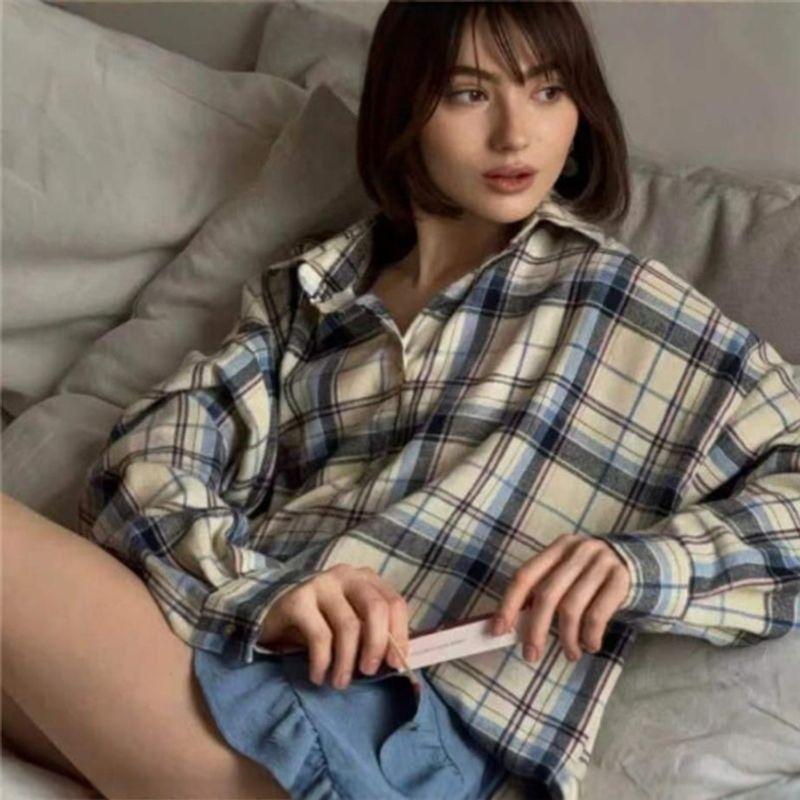 Fashion Retro Plaid Loose Long Sleeve Shirt Shirt Women Oversize Blouse Shirt Women