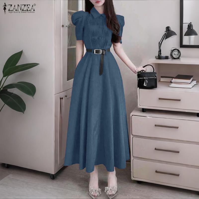 ZANZEA Women Turn Down Collar Short Sleeve Casual A-Line Dress