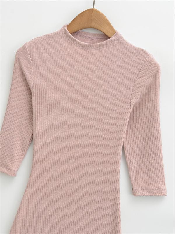 Women's Elegant Ribbed Knit Bodycon Dress - Pink, Long Sleeve, Mid-Length, Summer Style