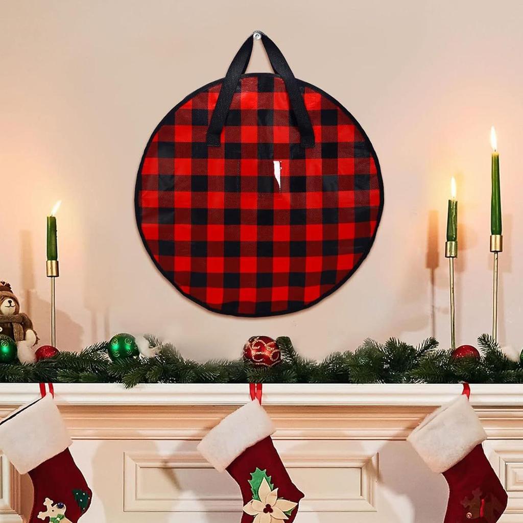 2pcs Christmas Wreath Storage Bag Plaid Holder Zippered Wreath Storage Box with Handle/ Holiday Garland Wreath Storage Container