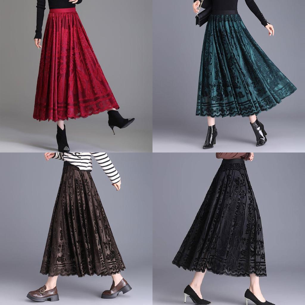 Velvet Pleated Skirt For Women With Lace Detailing And High Waist For Fall Winter