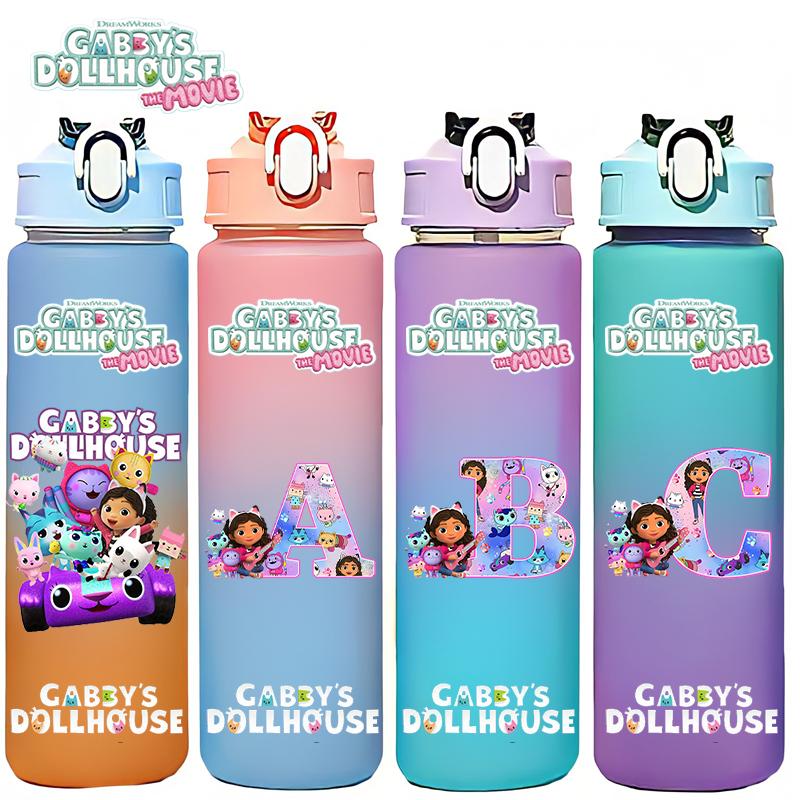 Gabby's 750ml Dollhouse Gabby Carlita DJ Catnip Mercat Gradient Plastic Straw Cup Pandy Paws Cakey Cat Mama Cat Drinking Bottle