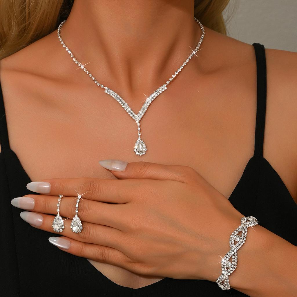 4PC Women's Fashion Simple Water Drop Necklace Earrings Bracelet Zircon Set Suitable for Wedding, Party, Festival Gifts