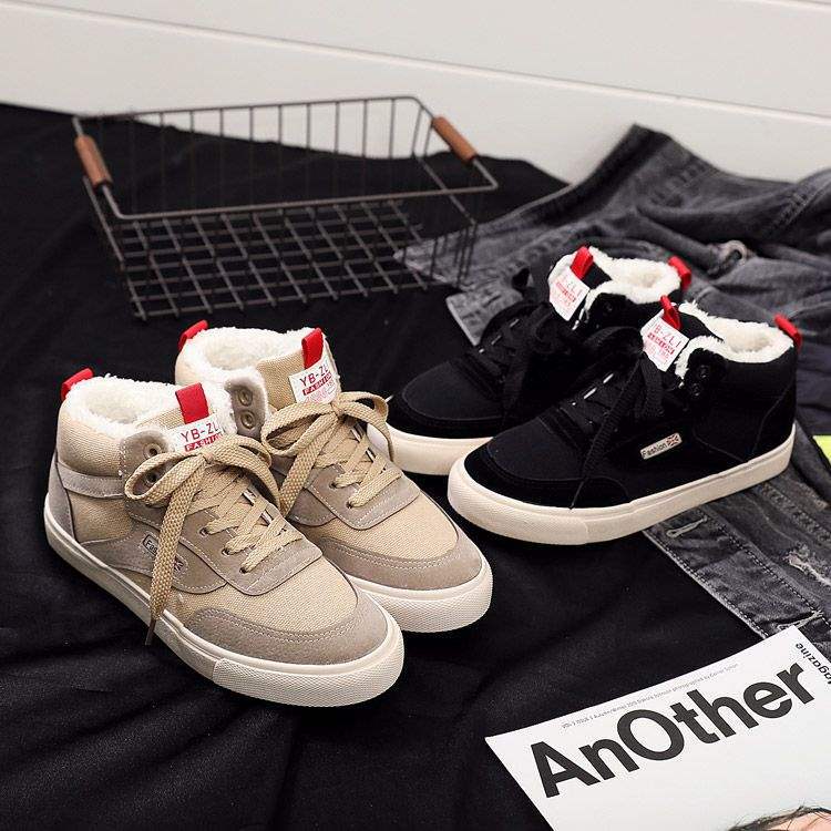 Autumn and Winter High-top Couple Large-size Canvas Board Shoes Children Black Velvet Cotton Shoes Work Leisure Flat-bottom Fashion Trend