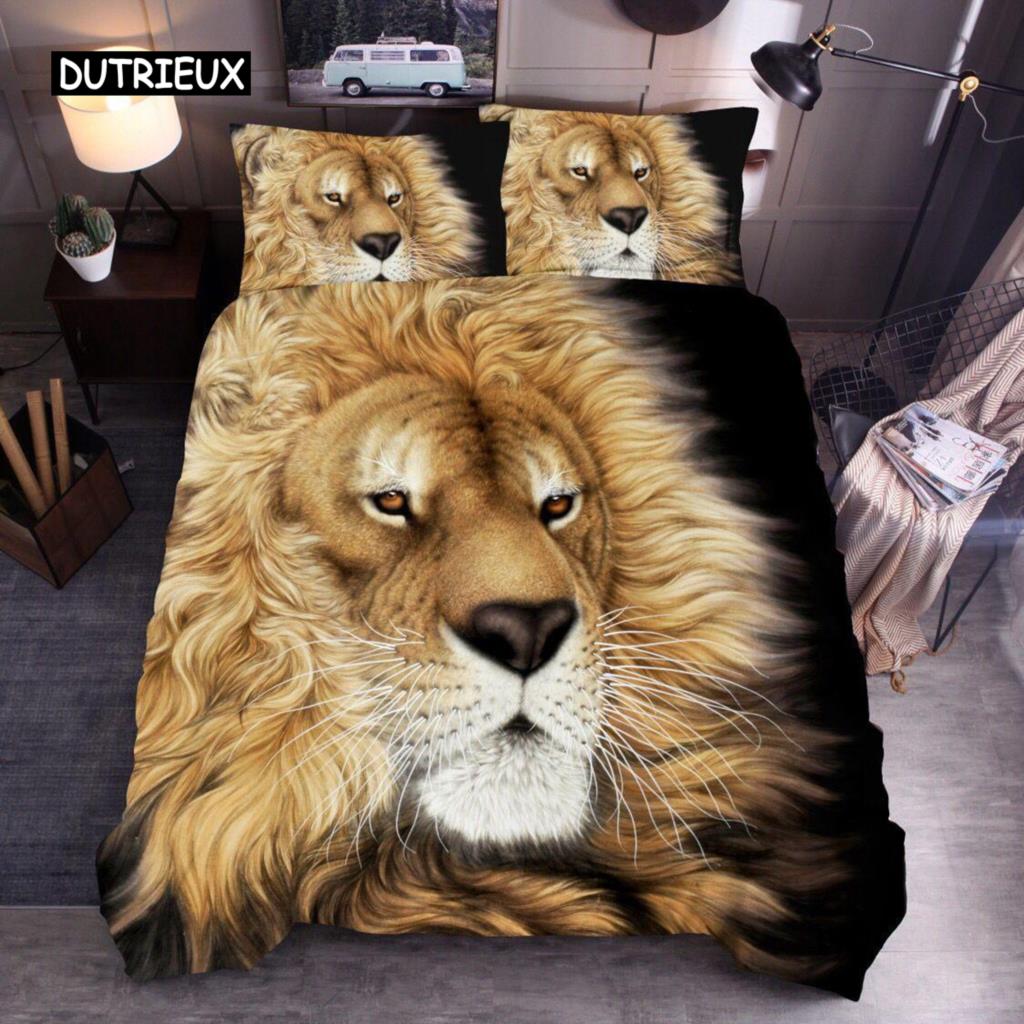 Animal Duvet Cover Set Queen Size Polyester Lightning Lion Pattern Comforter Cover Grey Black Soft Bedding Set For Teen Boys Man