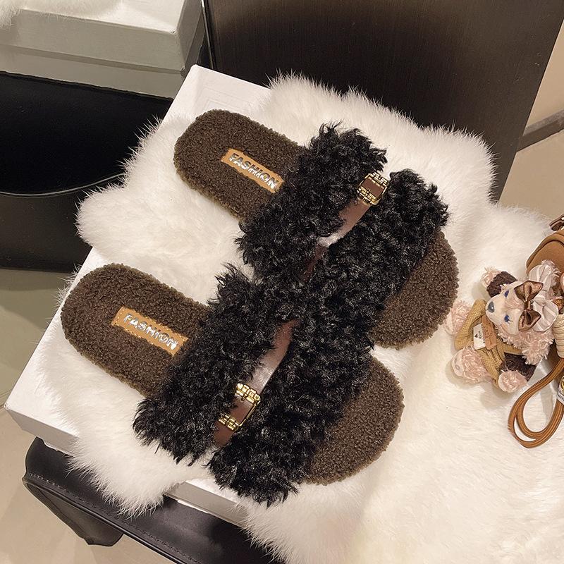 

Ретро пушистые тапочки женские для улицы 2025 осень и зима новые модные на толстой подошве пушистые на одной застежке нескользящие хлопковые тапочки 40 чёрный