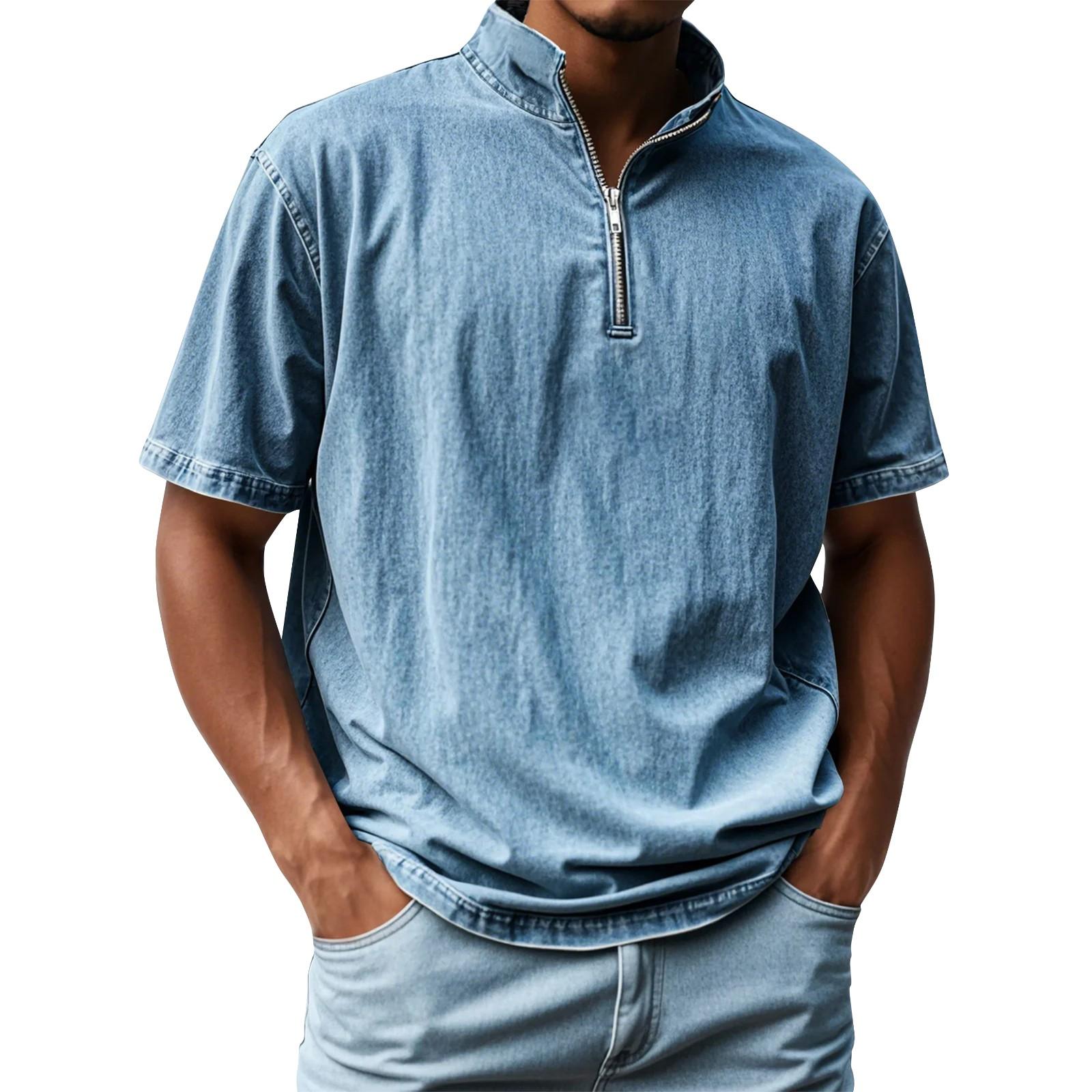

Мужская летняя однотонная рубашка с коротким рукавом и винтажным лацканом на молнии XXL синий