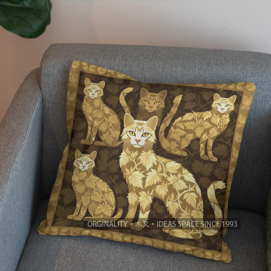 2D Cute Golden Cats Floral Patterned Pillow Cover Pattern Cushion Cover Suitable For Sofa Bedroom Car Pillow Cover