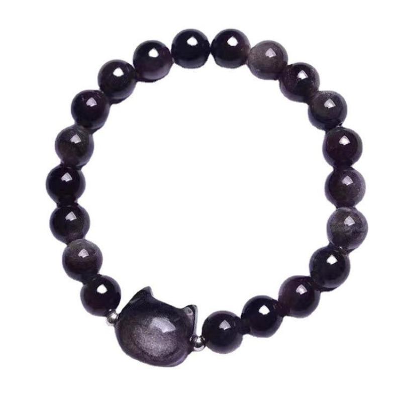 1pc Natural Obsidian Beaded Bracelet for Women, Cute Cat Head Black Crystal Bracelet, Handmade Elastic Gemstone Bangle, Dainty Protection Jewelry Gift