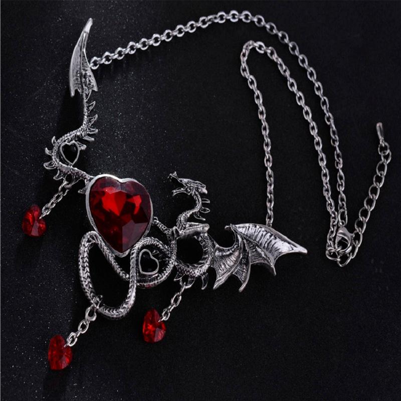 Gothic Heart-Shaped Zircon Dragon Pendant Couple Necklace Creative Metal Personality Couple Party Jewelry Accessories