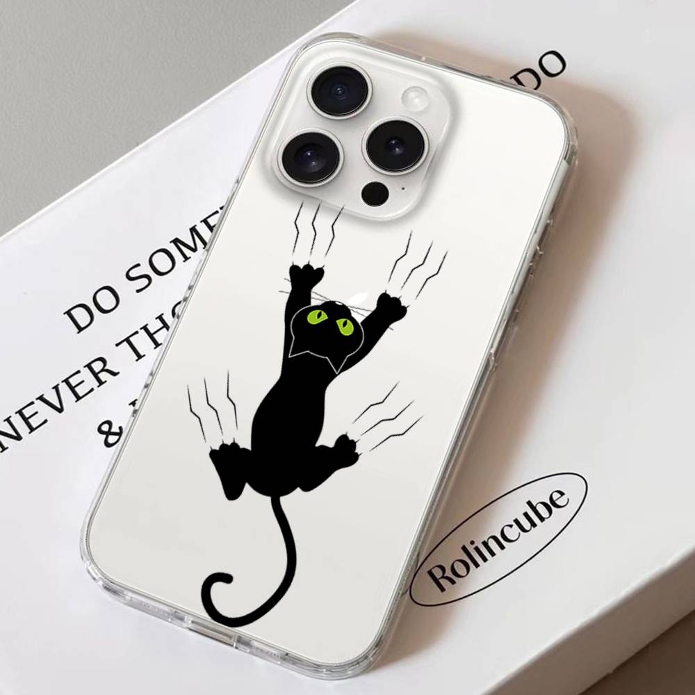 Black Cat Scratching Wall Phone Case Soft Transparent Case For IPhone 17 16 15 14 13 12 11 Pro Max Mini Plus Shockproof Cover Ca