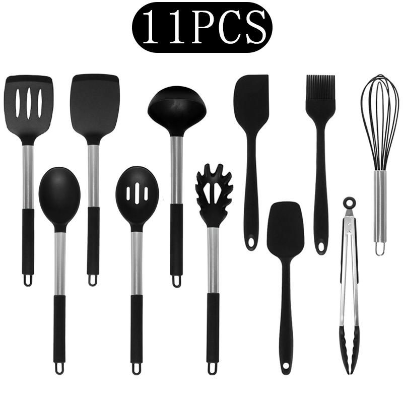 Black Non-stick Silicone Kitchenware Cooking Utensils Set Cookware Spatula Egg Beaters Stainless Steel Handle Kitchen Tool Set