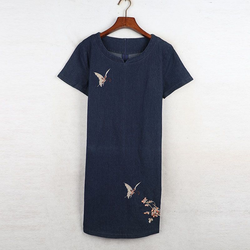 

Sunshine House Lonely Summer New Arrival K-style Women s Clothing Machine Embroidery Short Sleeve Women s round Neck Denim Skirt Dress Denim color Bust Size 88