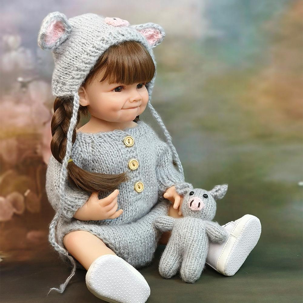 55 см Полностью силиконовая улыбающаяся кукла реборн в сером вязаном наряде и шапочке, реалистичная кукла, кукла для купания, игрушка для детей