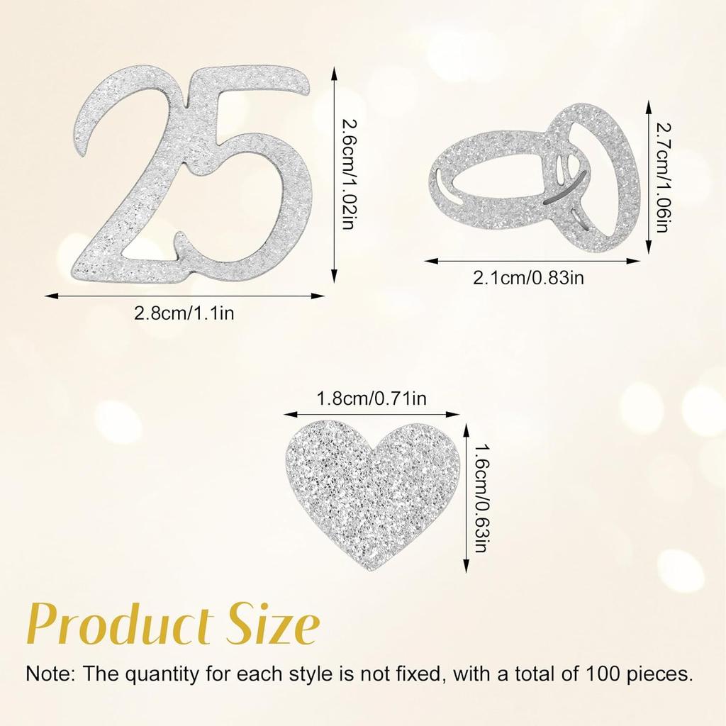 100pcs 25th Wedding Anniversary Confetti, Silver Glitter Table Scatter Decorations for 25th Anniversary Party Supplies