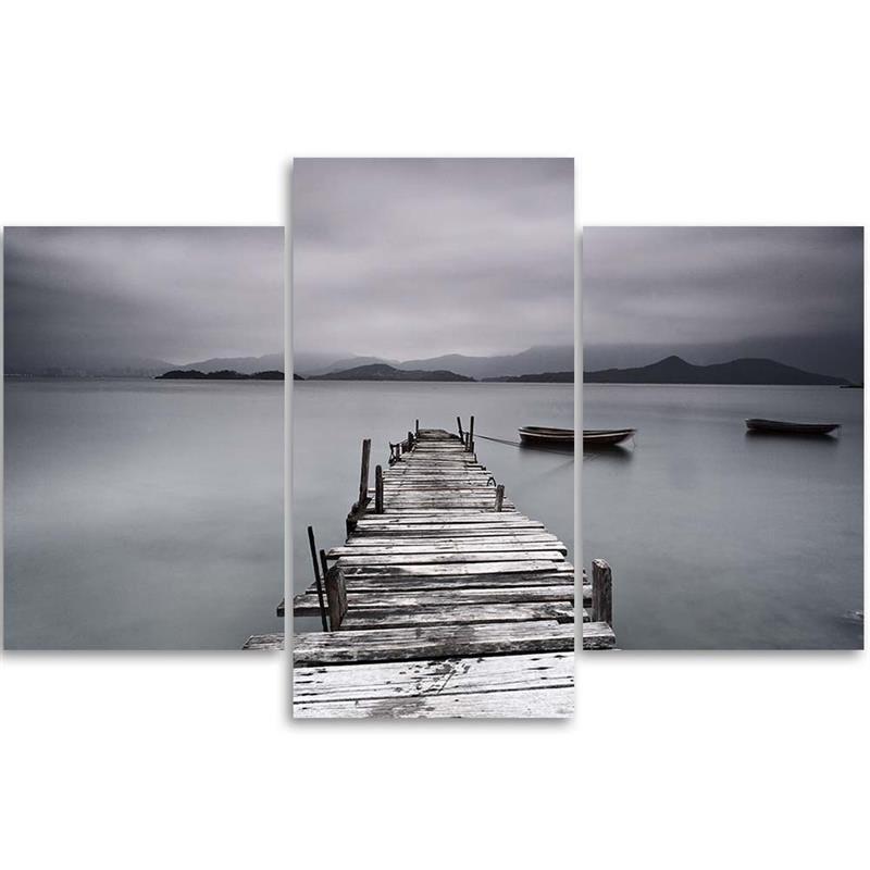 Three Piece Picture Canvas Print Footbridge Lake Nature Grey