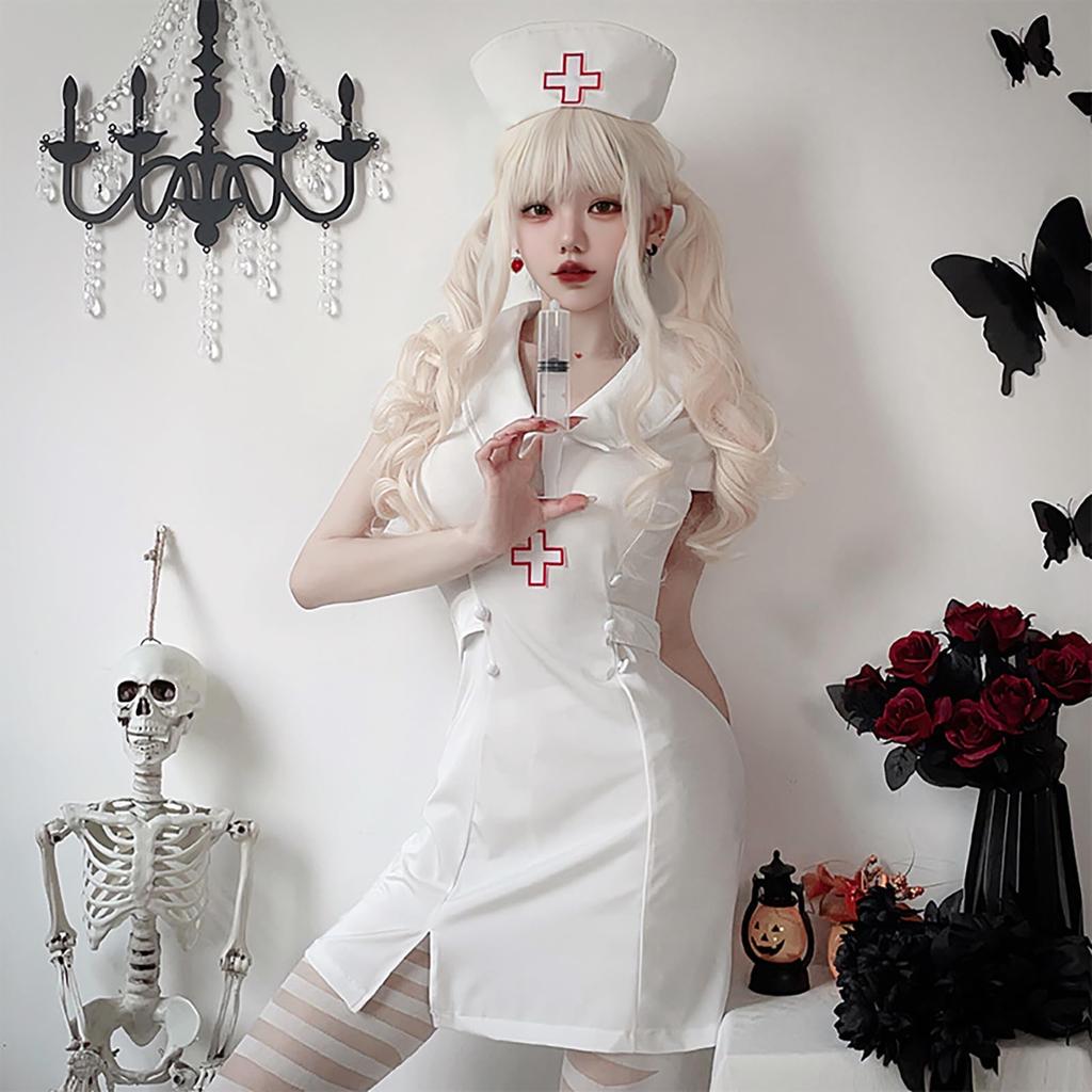 Milky Time Women's Nurse Dress, White and Black, Halloween Cosplay Costume