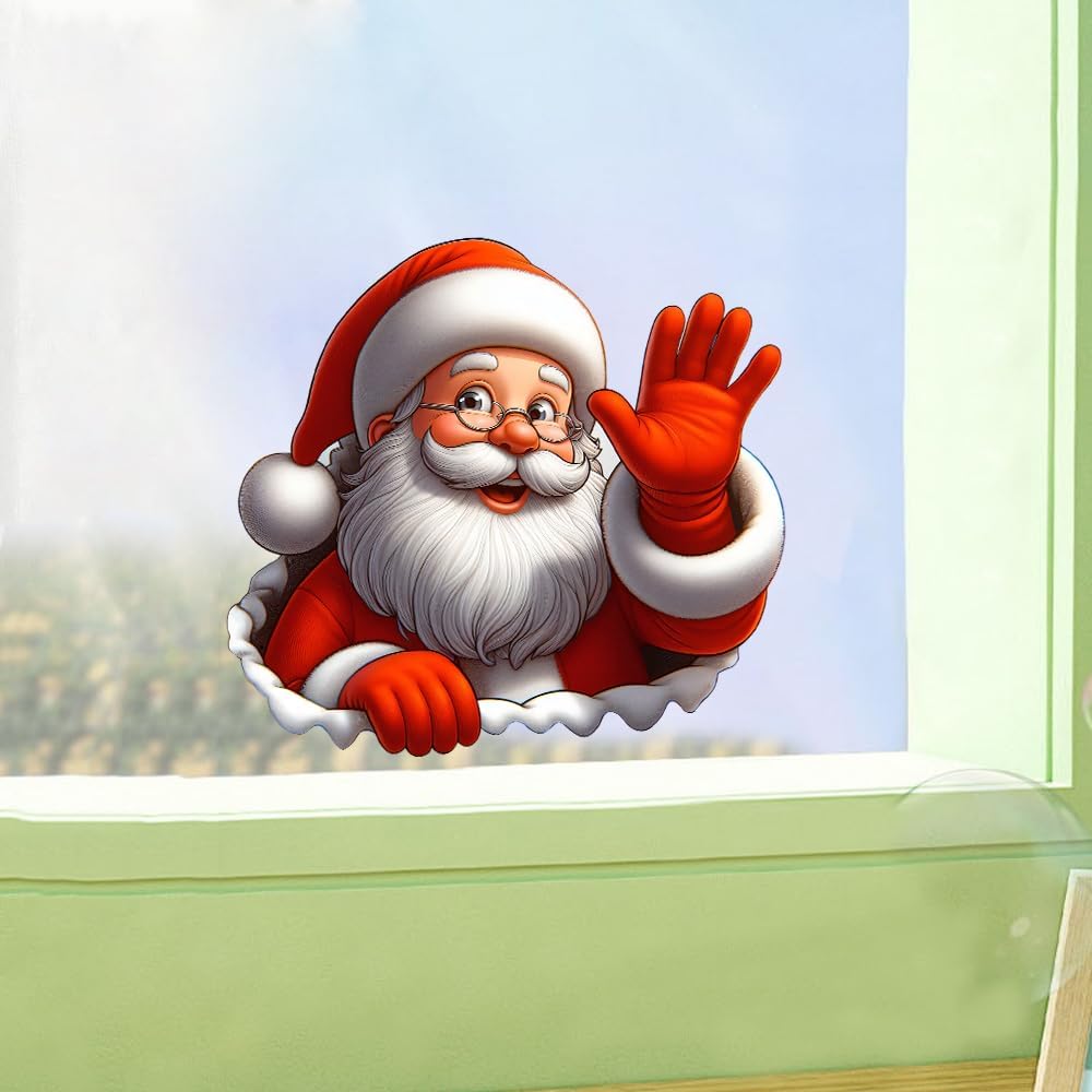 Santa Waving Hand Decal,3D Self-Adhesive Vinyl Sticker for Christmas, Polyvinyl Chloride Car & Window Cling, Suitable for Glass, Metal, Ceramic