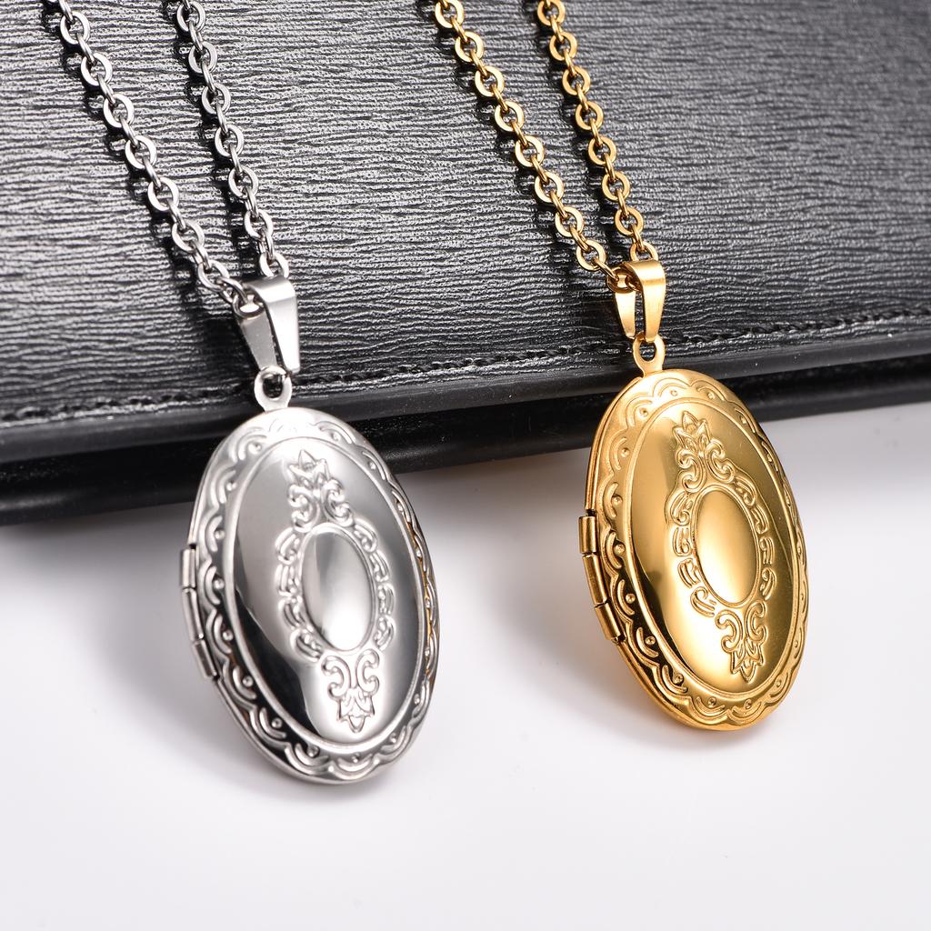 Geschnitzter Floraler Edelstahl Eier Foto Medaillon Anhänger Halskette für Damen Herren Öffnungsfähiger Bilderrahmen Charms Kette Metall Schmuck