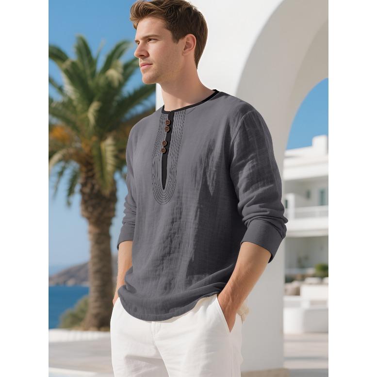 American heavy-duty retro cotton and linen casual long-sleeved annual temu new European and American trendy brand linen Henry shirt S