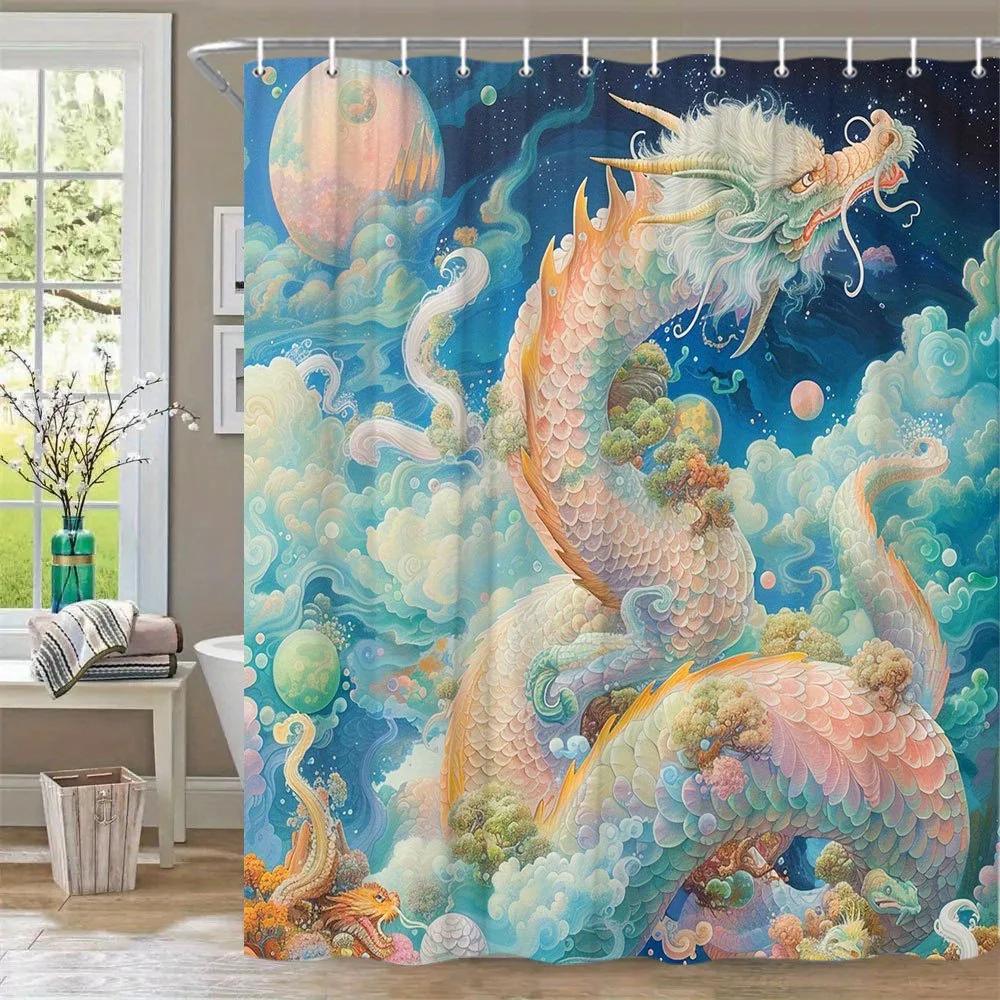 1 st Kosmisk Drake Badrumsgardin - Livligt Fantasikonstdesign med Rosa, Gröna & Gyllene Fjäll, Stjärnklar Natt Himmel & Himmelska Eleme