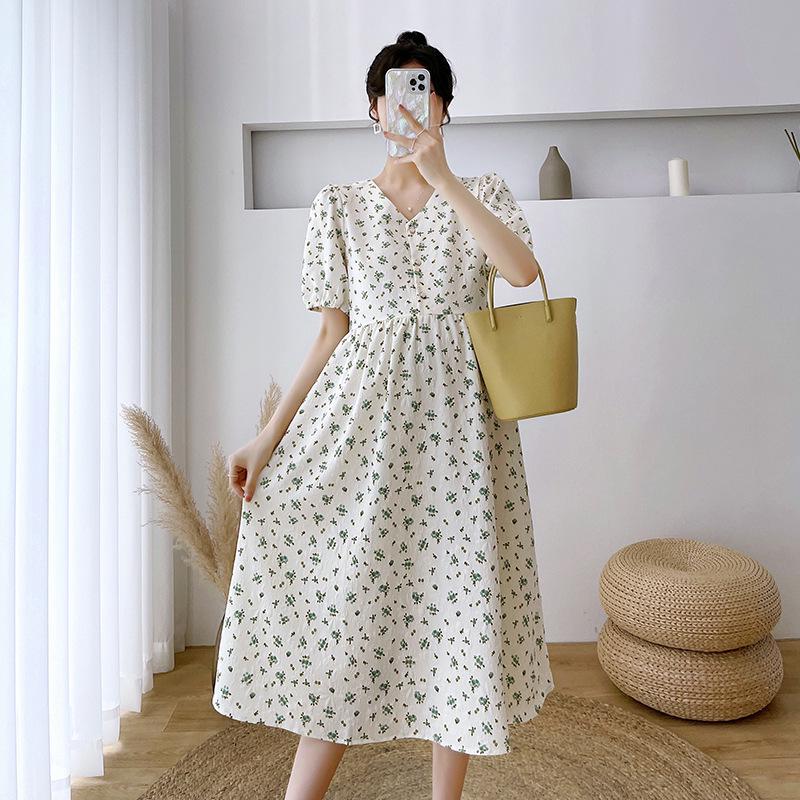 High-End Floral Maternity Midi Dress for Summer: Pregnancy & Breastfeeding Friendly