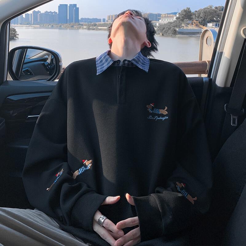 Wassup Sohot Faux Two-Piece Embroidered Long Sleeve Polo Shirt