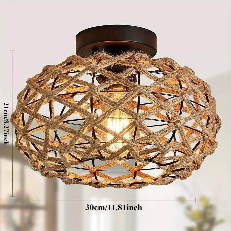 Hemp Rope Ceiling Light Fixtures Natural Woven Rattan Wicker Chinese Style Lampshade Hallway Decor Lighting Eco Friendly Lamp