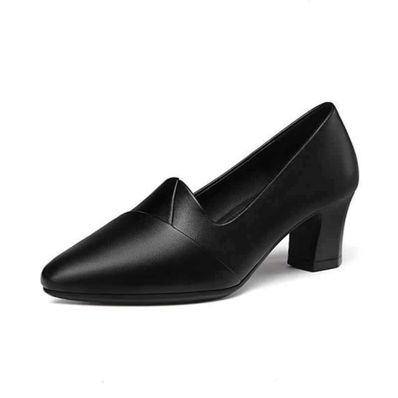 Fashion Comemore Spring and Autumn New Pumps Single Shoes Black 5cm 7cm Thick Heeled Women Shoes Casual Soft Leather Mother Work Shoes