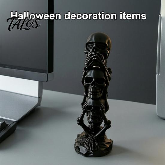 Personalized Gift for Skull Lovers Triple Stacked Skulls Figurine, Spooky See Hear Speak No Evil Skeleton Head Small Desk Ornament Men Statue,
