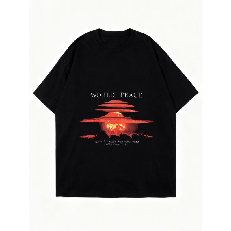Oversized T Shirt Black World Peace Nuclear Explosion Print Graphic Tee Casual Streetwear Unisex Fashion Top Summer Outfit