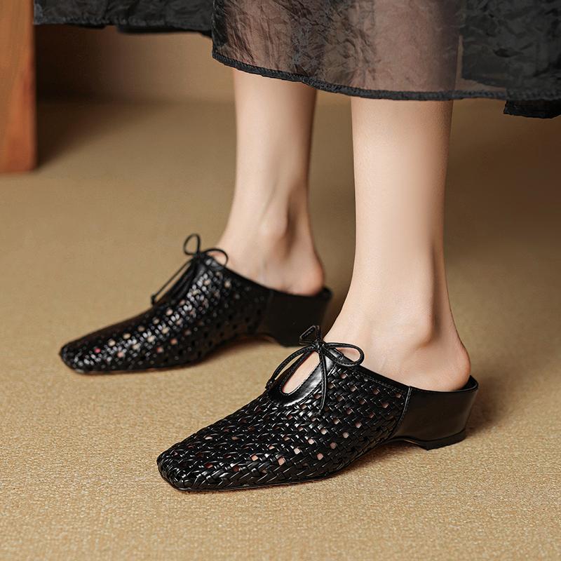 Fashion 2025 New Summer Women Mules Genuine Leather Women Shoes Square Toe Chunky Heel Shoes Cover Toe Slingback Sandals Slippers