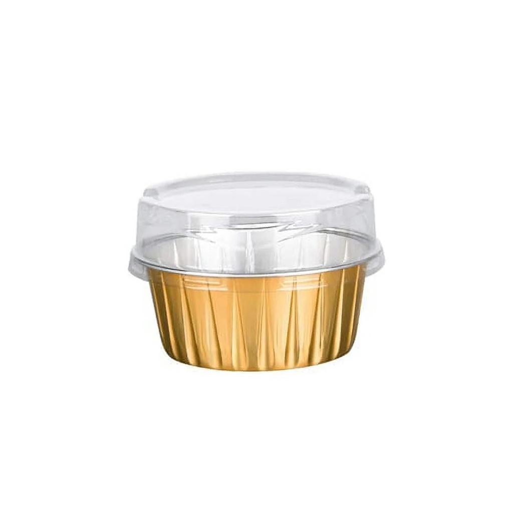 Dessert Cups With Lids, 50 Pieces Gold Aluminum Foil Baking Cup Holders, Cupcake Baking Practical Ramekins Transparent Pudding Cups
