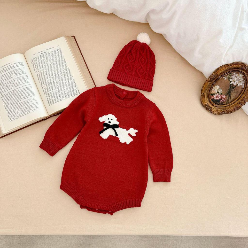 Autumn & Winter One-Piece Baby Rompers: Jacquard with Cute Animals & Handmade Bow for Boys & Girls